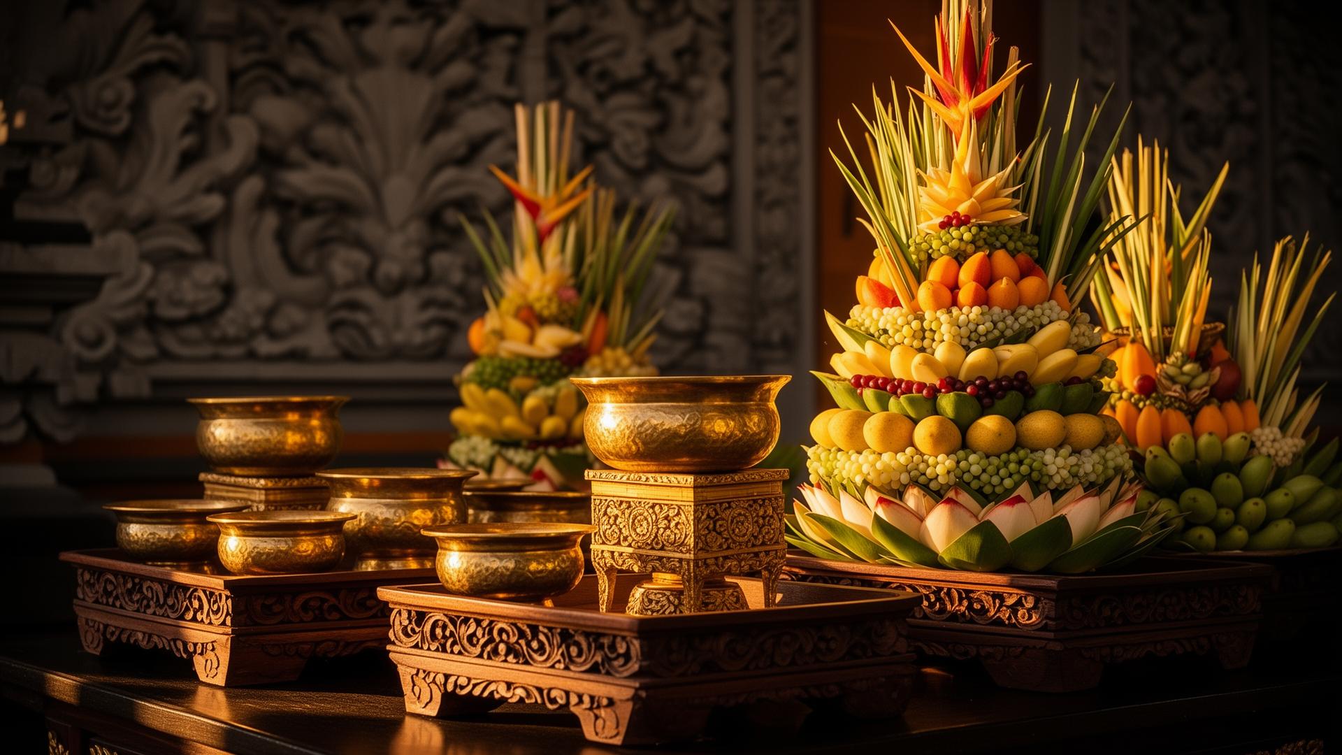 Sarana upacara Bali — gebogan, bokor, dan dulang ukir